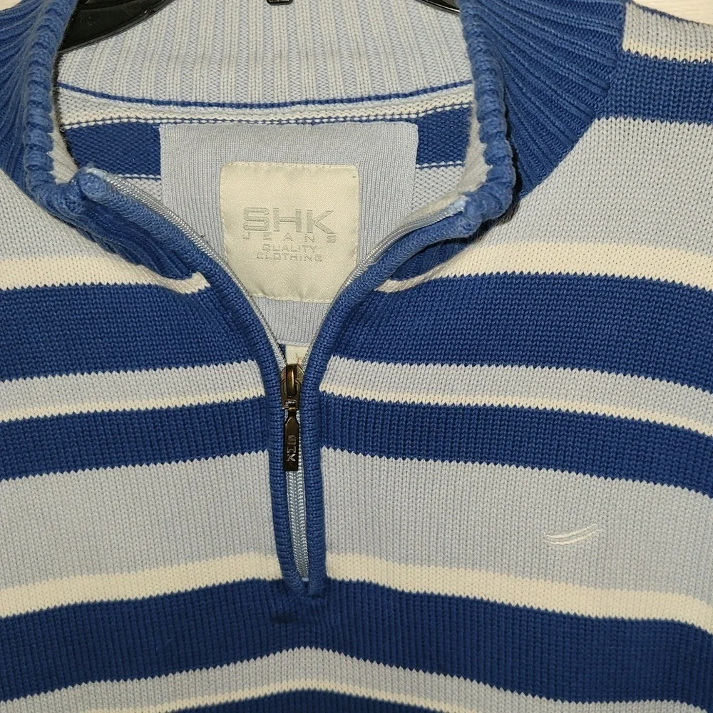 Men's Blue and White Striped Zip-Up Sweater
